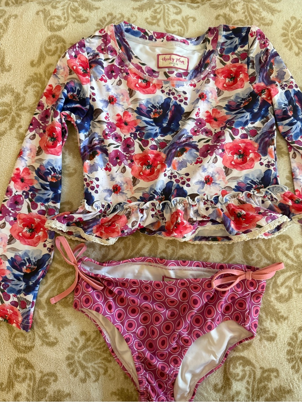 cheeky plum Girls Floral Rash Guard & Pink Patterned Bikini Bottoms